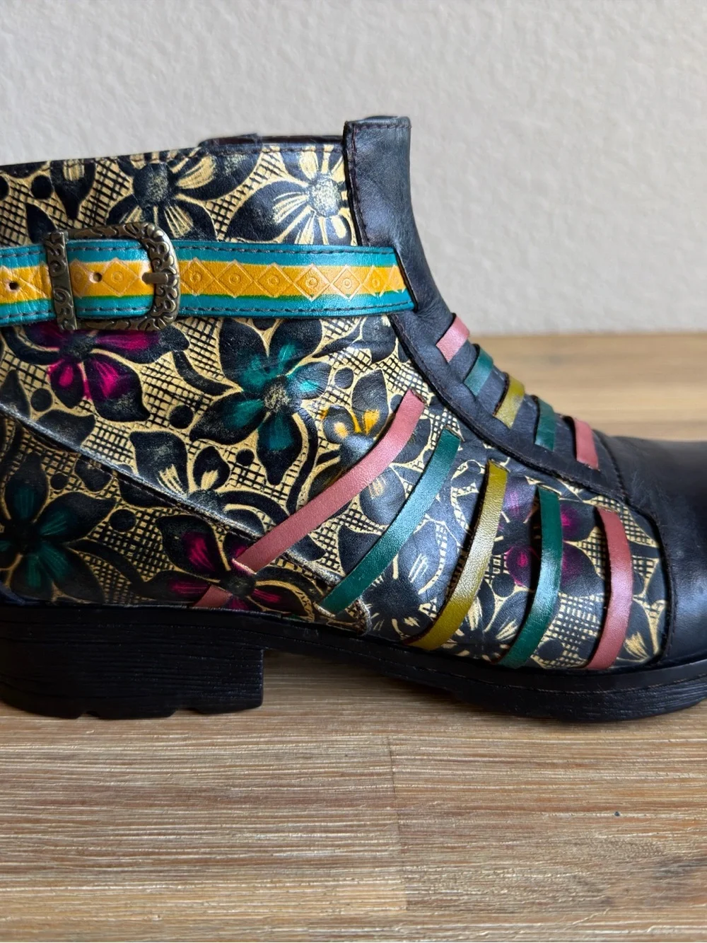 Socofy Women Artsy Leather Ankle Boots Multicolor Boho Chic Hippie Booties US 11